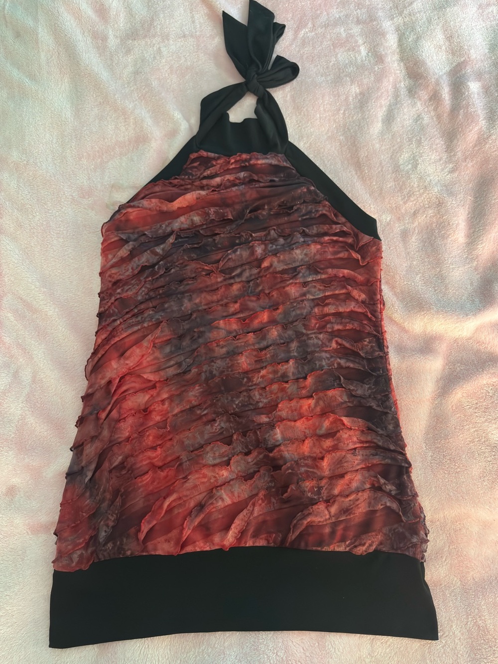 Studio Y Red and Black Halter Backless Tie High Neck Tapered Ruffle Blouse Small